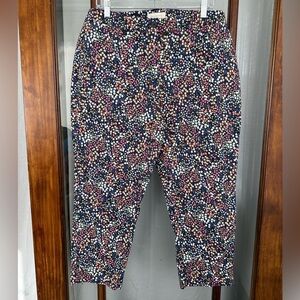 Talbots Navy Blue White Floral Crop Pants Women's 14W Cotton Elastic Waist